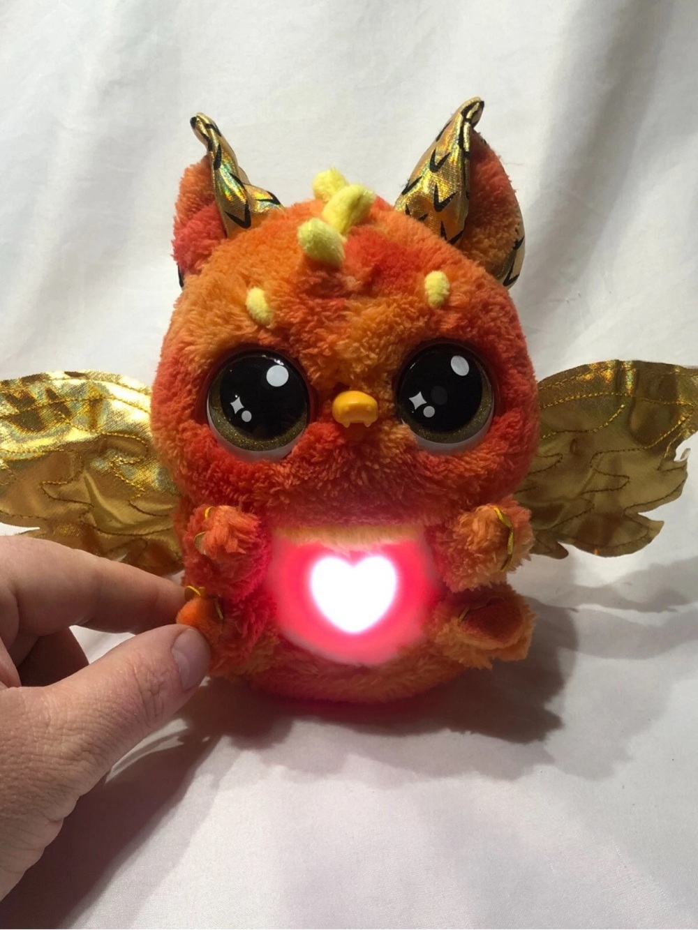 Light-Up Heart Orange Dragon Plush Toy with Gold Wings